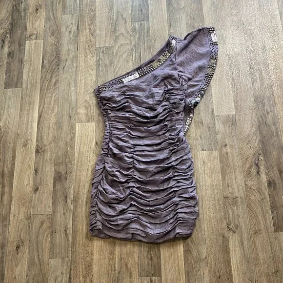 Blanc Noir Ruffled Mini Dress One Shoulder Size Small Purple/Gray - Picture 1 of 8